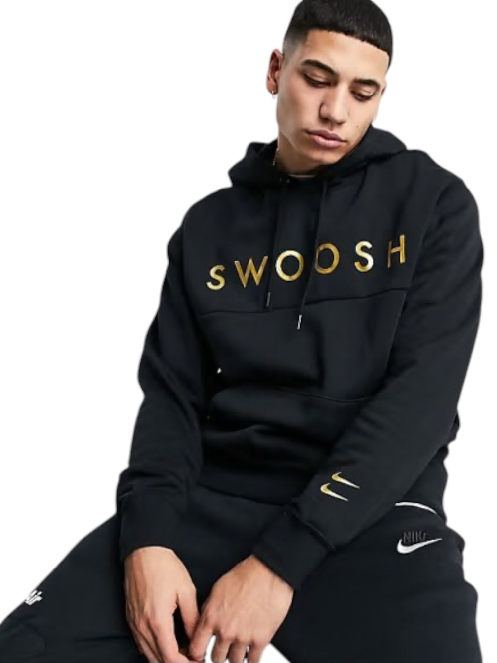 Nike Unisex Black 'Swoosh' Pullover Hoodie with Gold Logo (S)